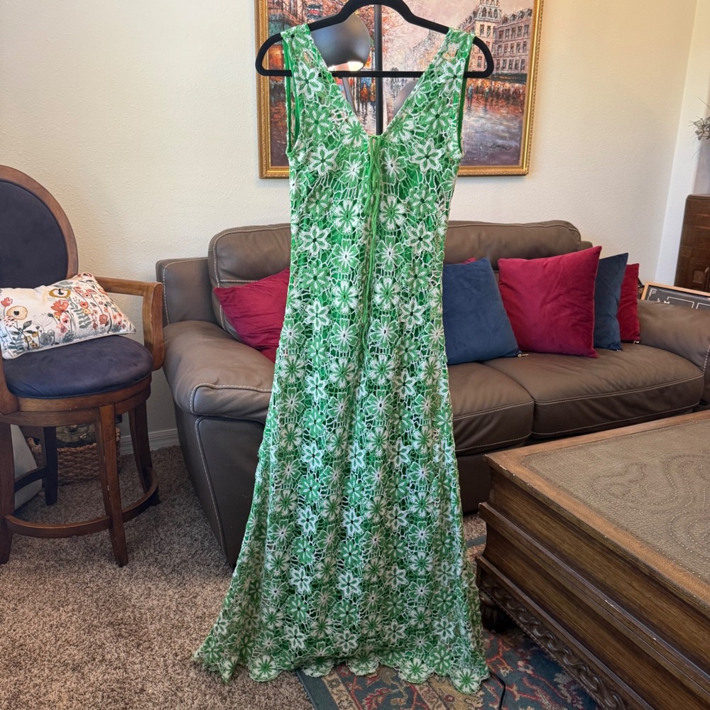 $885 Stella Pardo Paris Organic Cotton Floral Crochet Maxi Dress Green White S - Picture 13 of 15